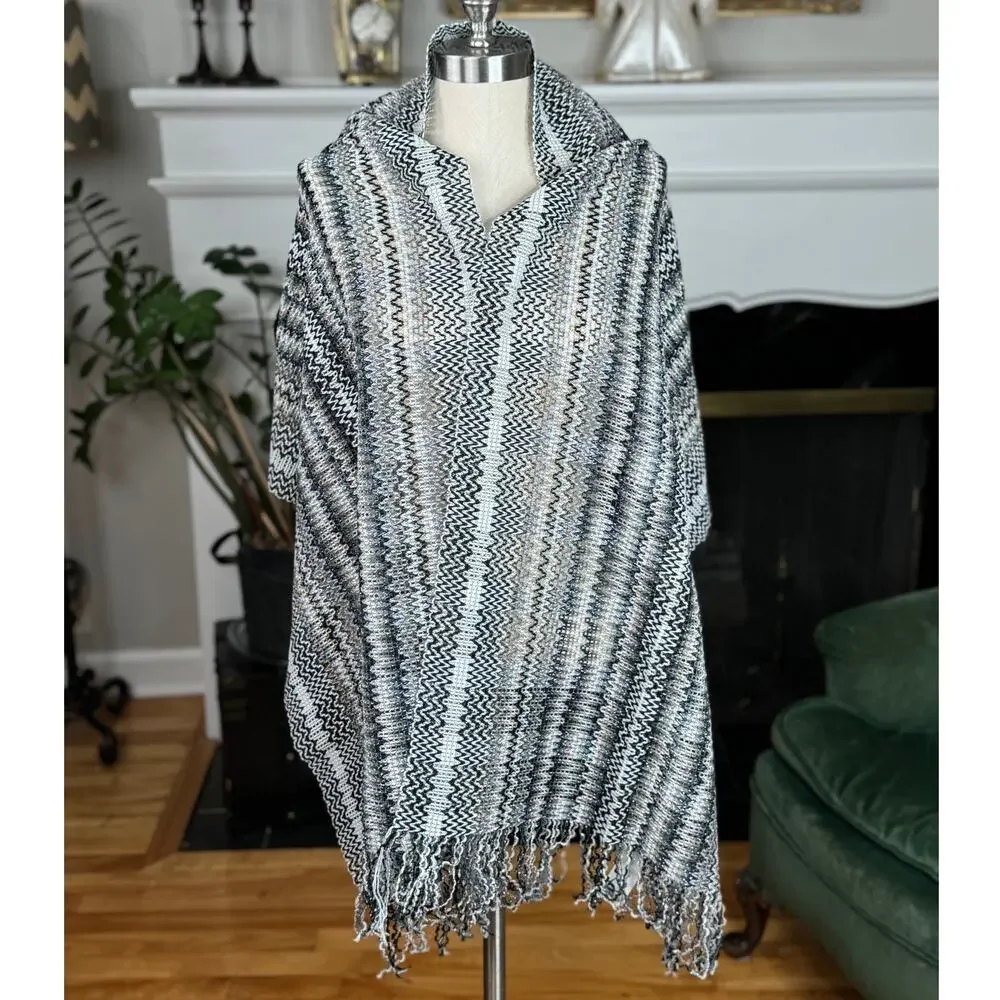 Vintage Missoni Scarf, Wool Blend Silver Gray Tan Zigzag, 68